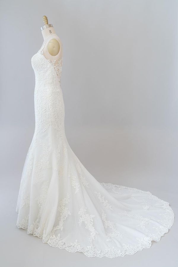 BMbridal Graceful Illusion Appliques Mermaid Wedding Dress On Sale-BMbridal