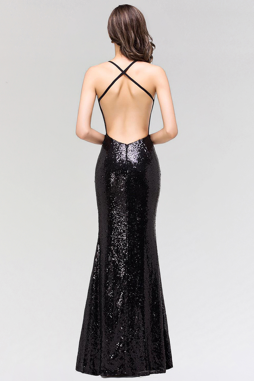 BMbridal Elegant Mermaid Sequined Long Black Bridesmaid Dress with Spaghetti Straps-BMbridal