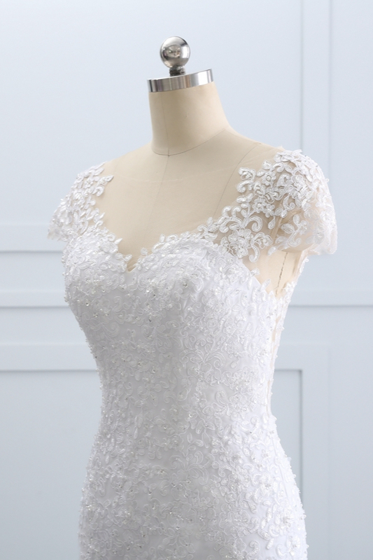 BMbridal Chic Jewel Mermaid Tulle Lace Wedding Dress Short-Sleeves Beadings Appliques Bridal Gowns On Sale-BMbridal