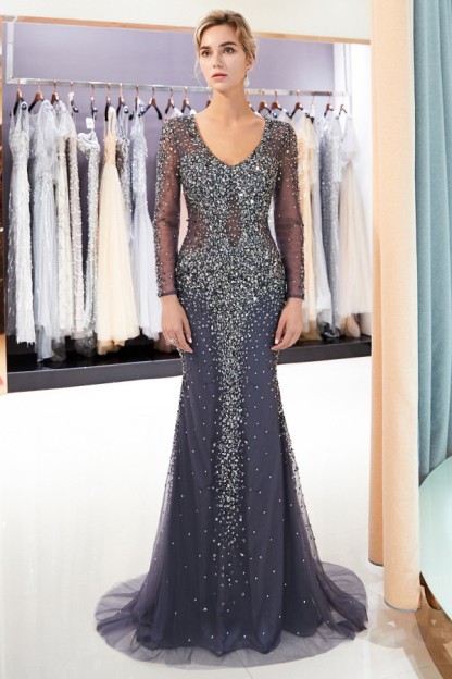 BMbridal Afordable Mermaid V-Neck Long Sleeves Prom Dresses Sparkly Beading Evening Dresses On Sale
