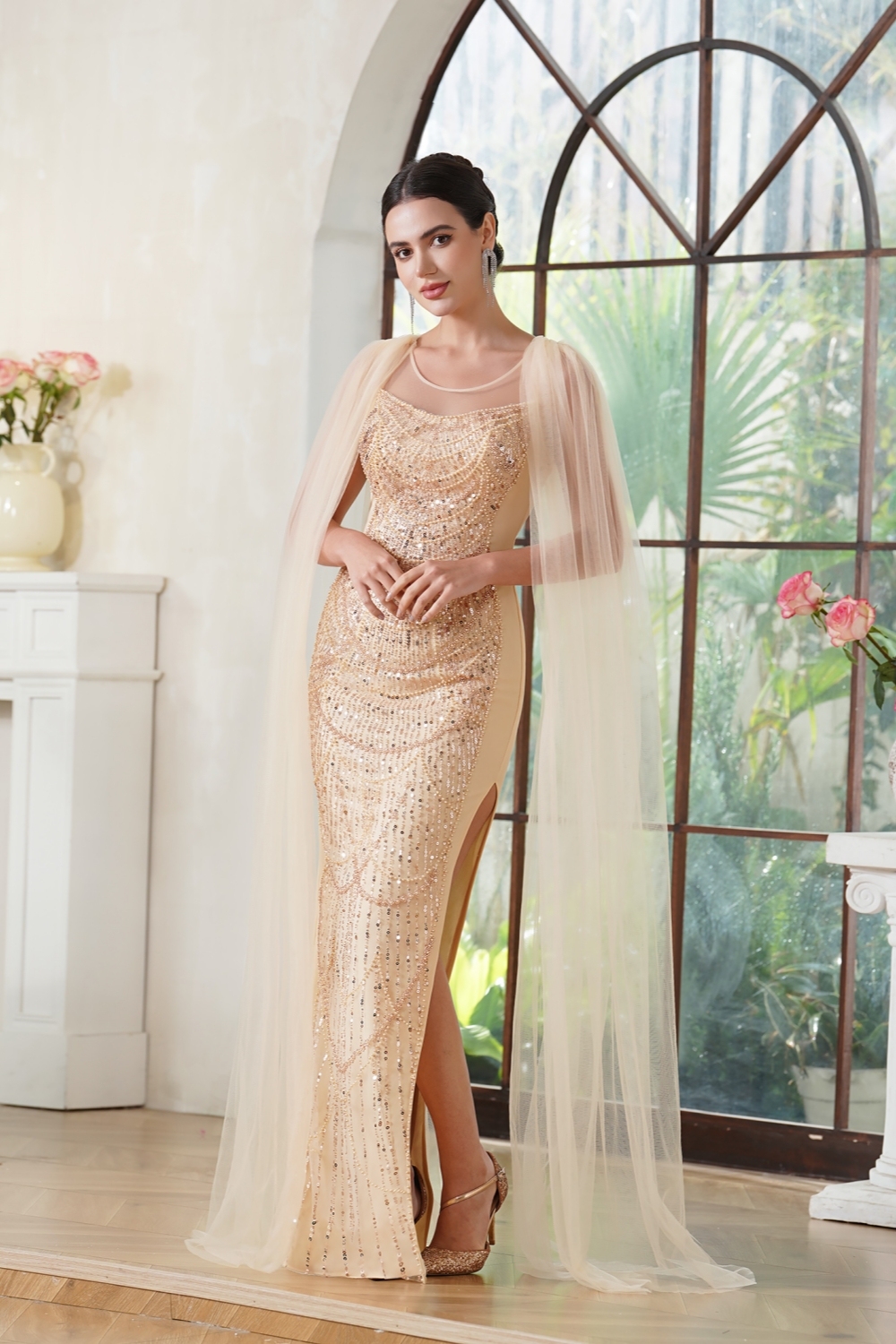 Designer Mermaid Polyester Knitted Scoop Sleeveless Champagne Gold Prom Dresses With Beading Split