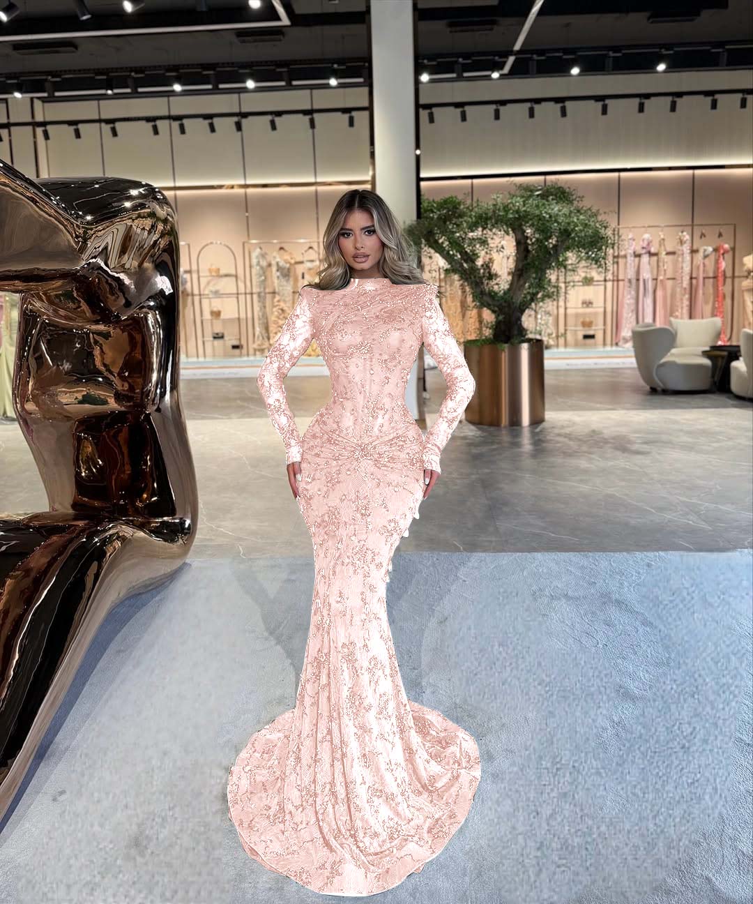 High Neck Long Sleeves Long Mermaid Prom Dress With Beading Pleated