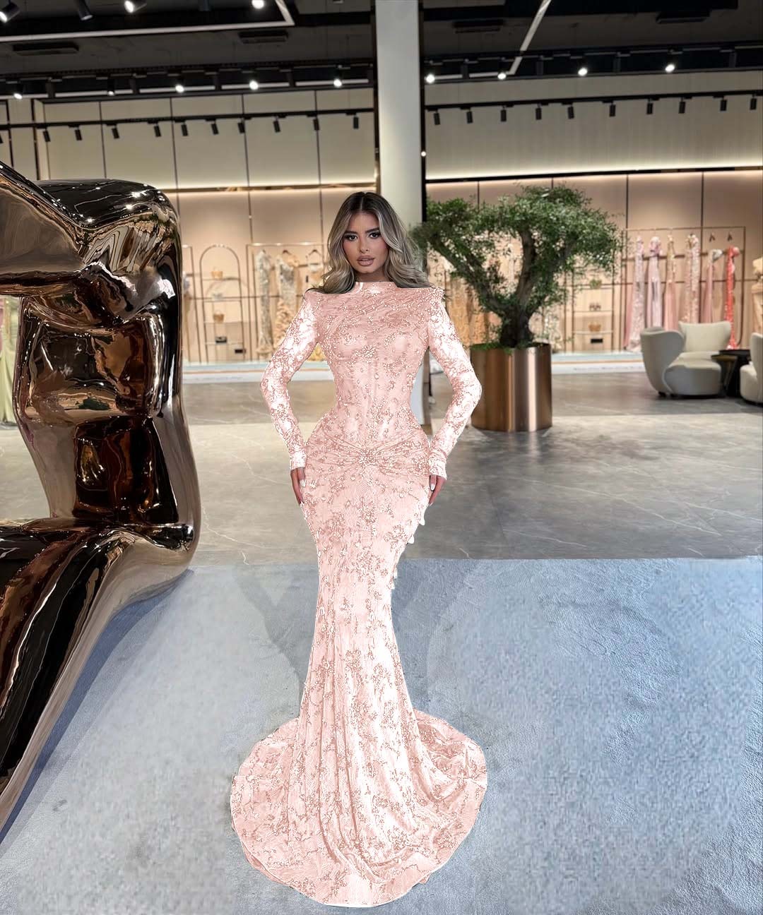 High Neck Long Sleeves Long Mermaid Prom Dress With Beading Pleated