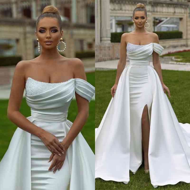 Bmbridal Off-the-Shoulder Wedding Dress Mermaid Split Overskirt-BMbridal