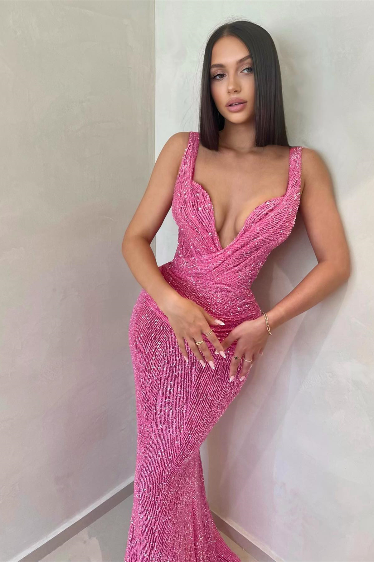 Gorgeous Pink Straps Mermaid Sequins Prom Dress V-Neck