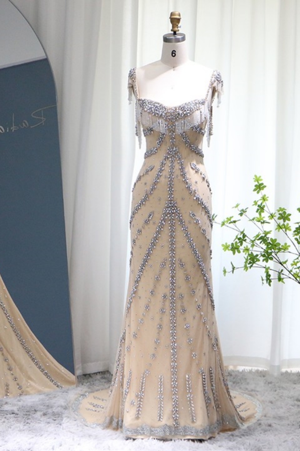 Bmbridal Floor-Length Square Sleeveless A-Line Prom Dresses with Beadings