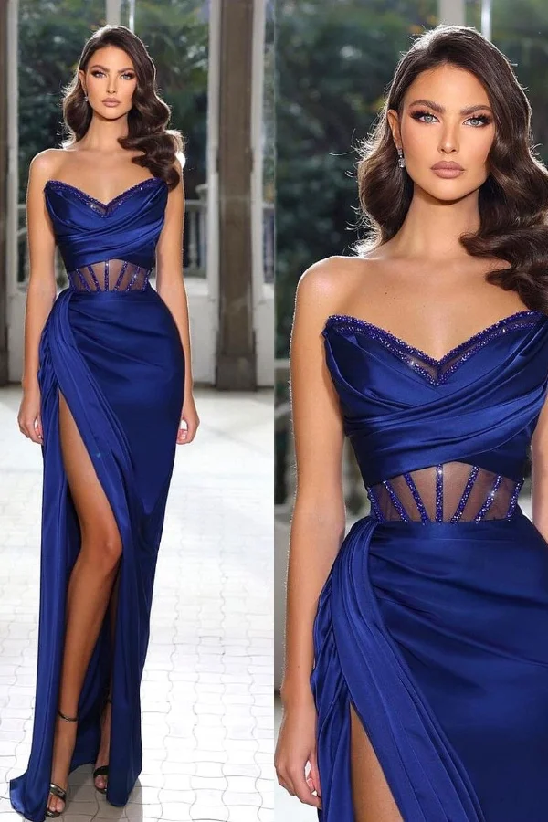 Strapless Sleeveless Long Mermaid Prom Dress With Split Pleated