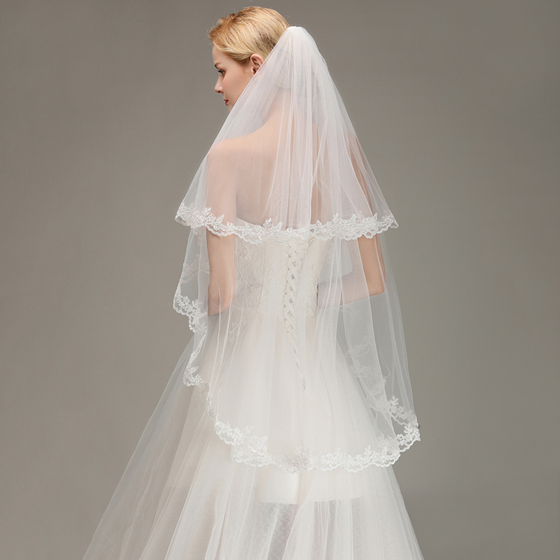 BMbridal Two Layers Lace Edge Wedding Veil with Comb Soft Tulle Bridal Veil-BMbridal