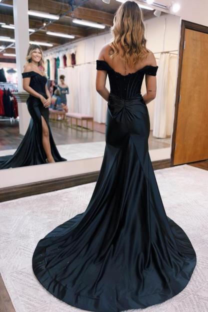 Bmbridal Black Off-The-Shoulder Split Front A-line Prom Dresses with Ruffles