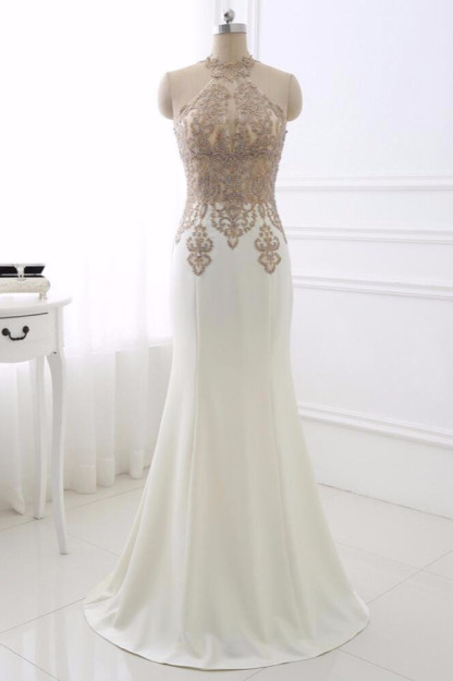 BMbridal Chic High-Neck Sleeveless Black Mermaid Prom Dresses with Appliques Beadings