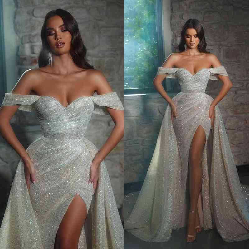 Bmbridal Off-the-Shoulder Mermaid Wedding Dress Sequins Slit Overskirt-BMbridal