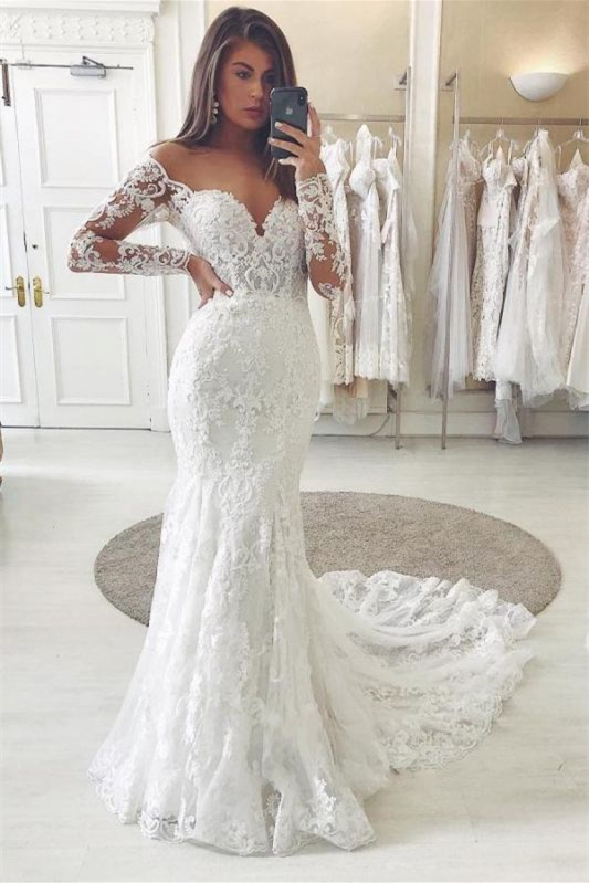V-Neck Off-The-Shoulder Long Sleeves Lace Wedding Dress with Appliques