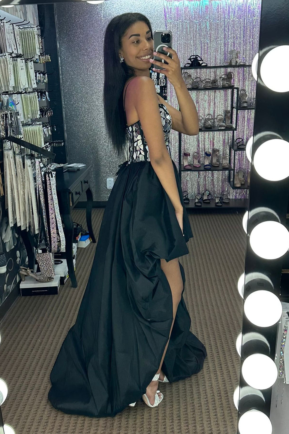 Sparkly Black High Low Satin A-Line Mirror Homecoming Dress-BMbridal