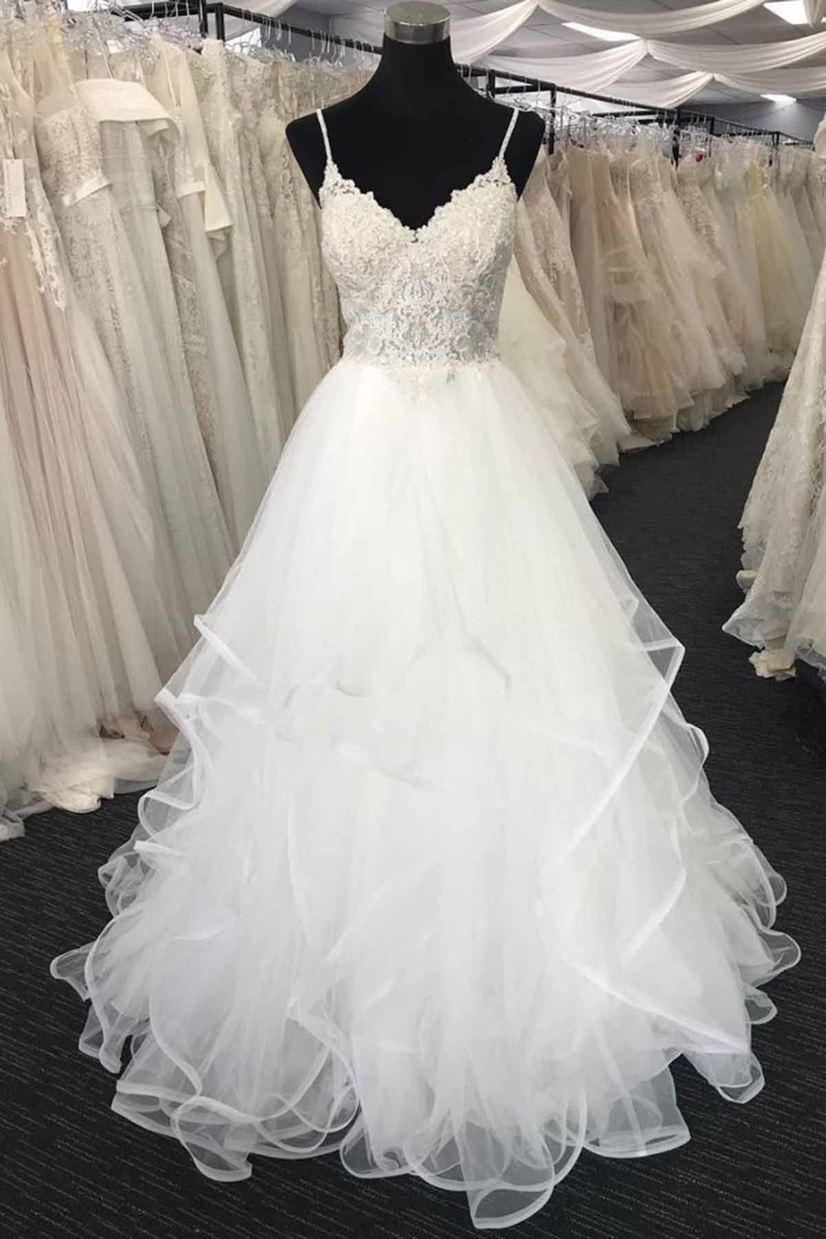 BMbridal Elegant Sweetheart Neck Long White Lace Wedding Dress Spaghetti Straps Bridal Gowns On Sale