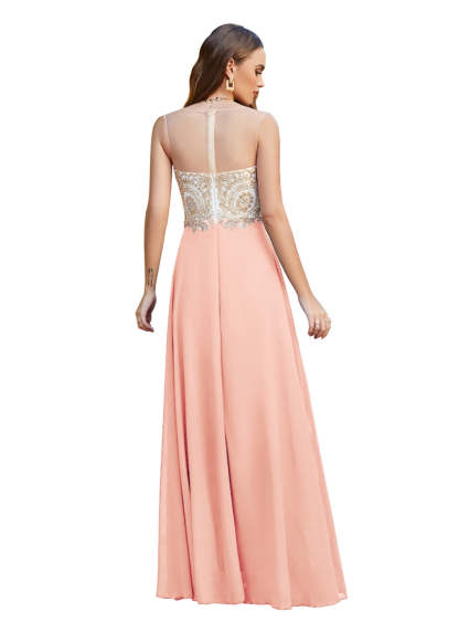 A-line Scoop Chiffon Appliques Floor-Length Dresses Dark Navy-BMbridal