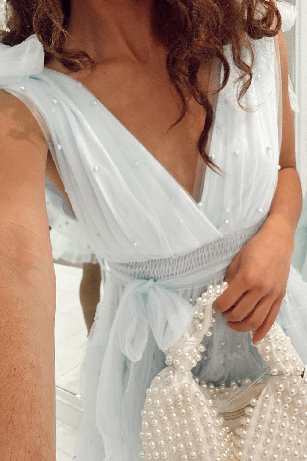 Light Blue A-Line Tulle Tiered Short Homecoming Dress with Pearls-BMbridal