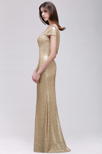BMbridal Sparkly Sequined Jewel Sheath Prom Dress with Short Sleeves and Draped Back