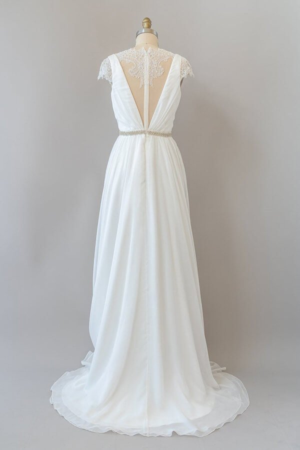 BMbridal Cap Sleeve V-neck Lace Chiffon Sheath Wedding Dress Online-BMbridal