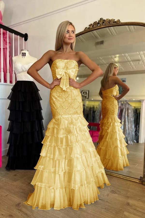 Strapless Sleeveless Long Mermaid Prom Dress With Beading Ruffle