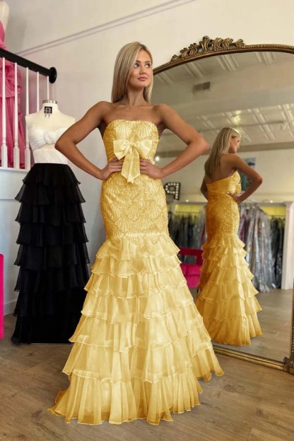 Strapless Sleeveless Long Mermaid Prom Dress With Beading Ruffle
