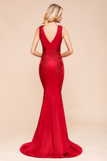 BMbridal Gorgeous Red Mermaid V-Neck Prom Dress Long With Lace Appliques Online
