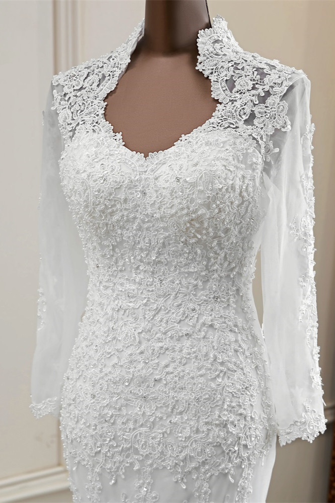 BMbridal Elegant Long Sleeves Lace Mermaid Wedding Dresses Appliques White Bridal Gowns with Beadings-BMbridal