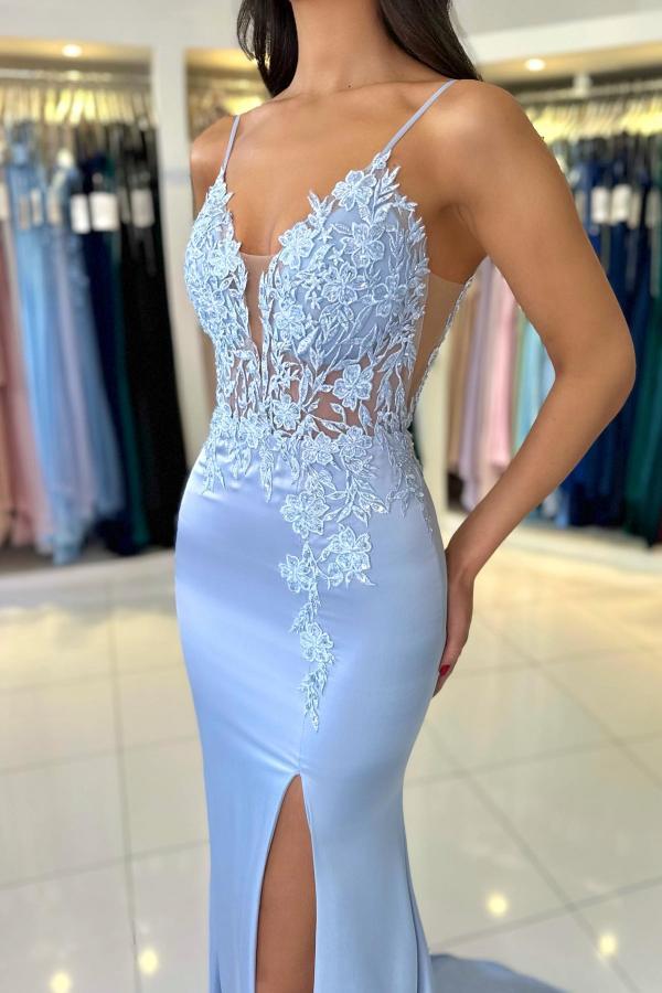 Fashionable Mermaid V-Neck Spaghetti Straps Sleeveless Satin Lace Prom Dresses with Slit