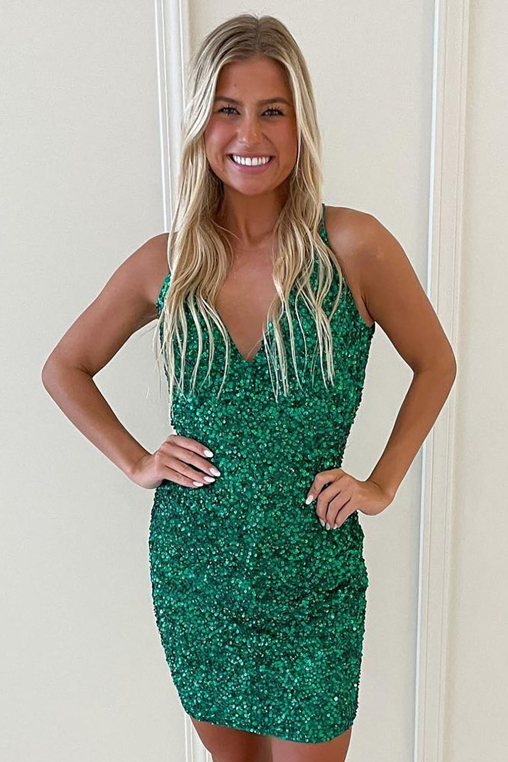 Green Backless Spaghetti Straps Tight Short Homecoming Dress-BMbridal