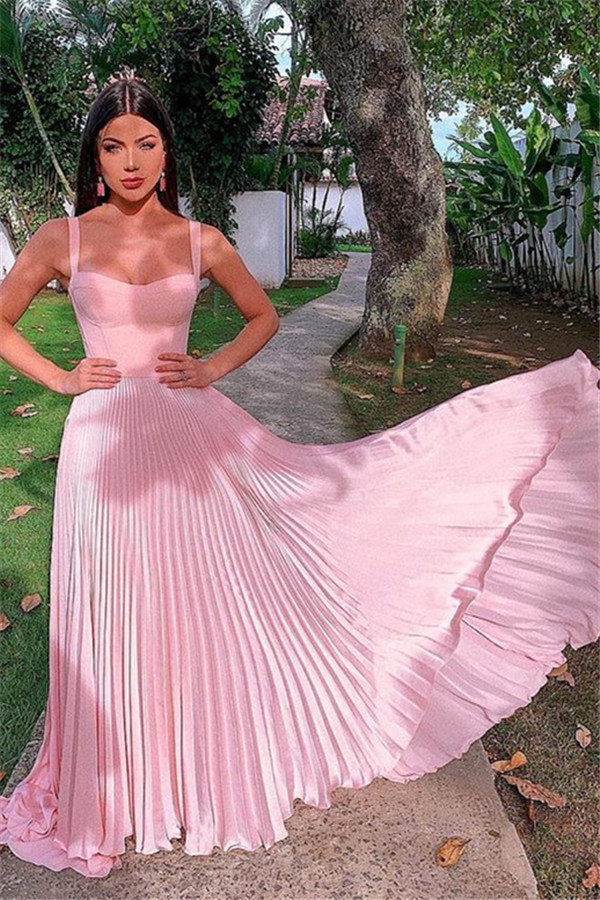 Bmbridal Spaghetti-Straps Pink Prom Dress Ruches Long Party Gowns