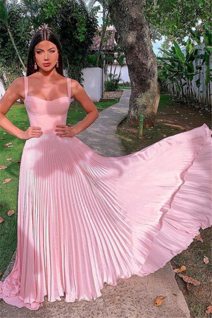 Bmbridal Spaghetti-Straps Pink Prom Dress Ruches Long Party Gowns