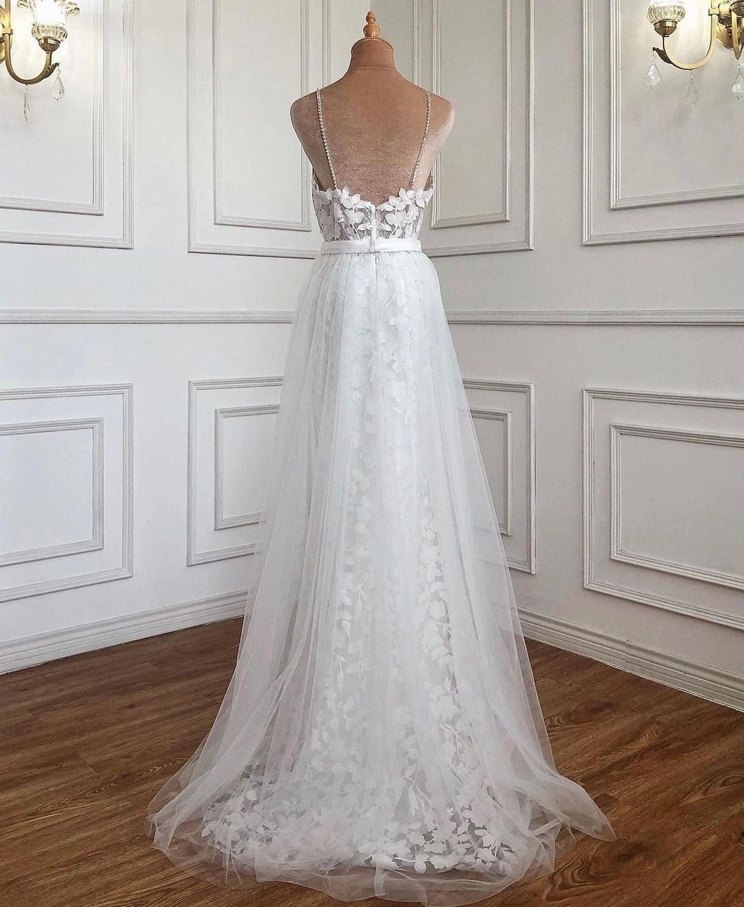 BMbridal Spaghetti-Straps Long Lace Wedding Dress On Sale