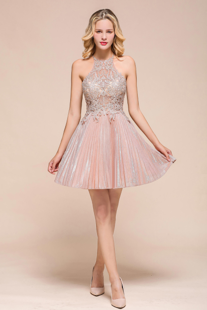 BMbridal Lovely Halter Lace Short Prom Dress Sleeveless Mini Party Gowns