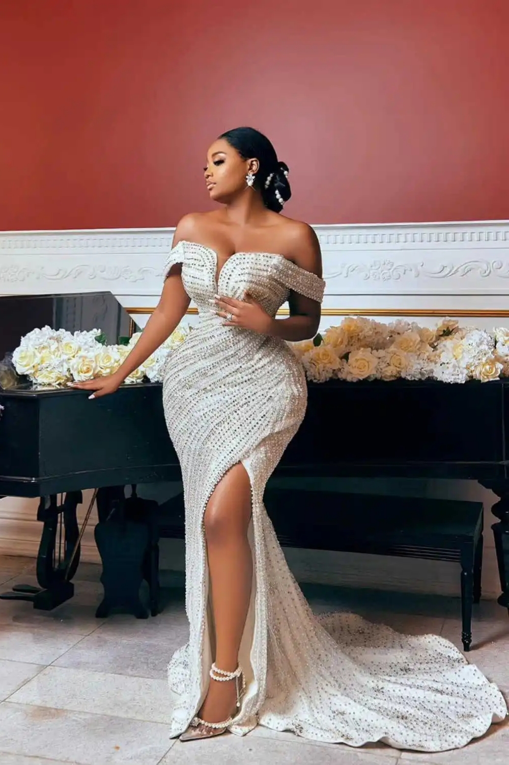 Exquisite Off-The-Shoulder Split Front Sequined Mermaid Wedding Dresses-BMbridal