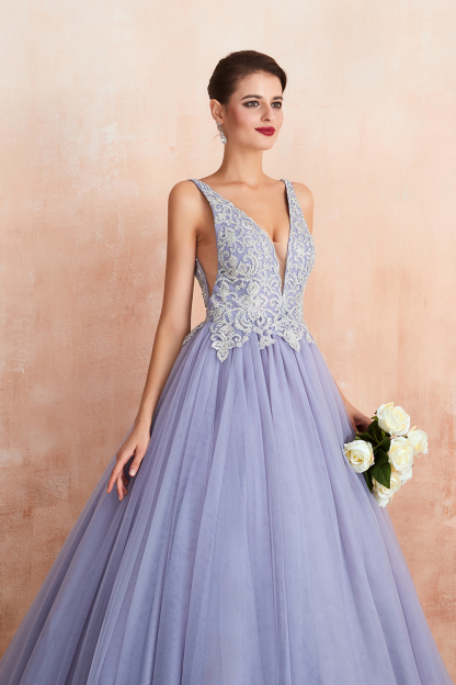 BMbridal Gorgeous Lavender Lace Prom Dress V-Neck Ball Gown Tulle Formal Wears
