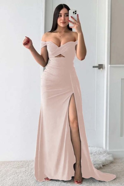 Off the Shoulder Sleeveless Long Split Prom Dress With Pleated