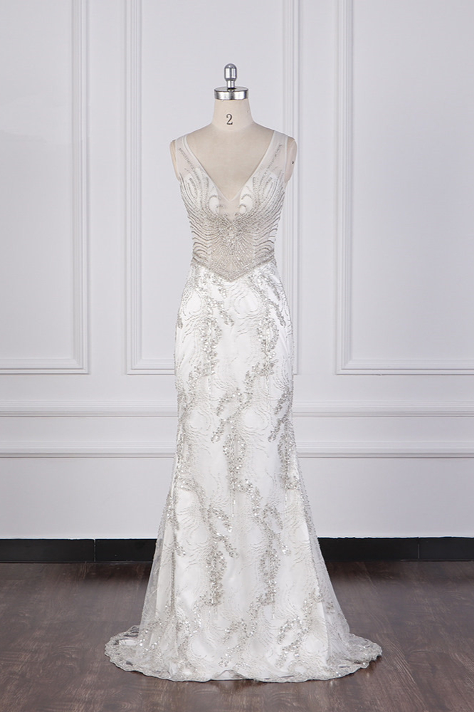 BMbridal Gorgeous Mermaid V-Neck Tulle Wedding Dress Sequined Bedaings Sleeveless Bridal Gowns On Sale-BMbridal