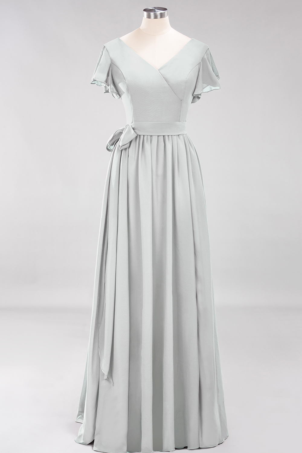 BMbridal Burgundy V-Neck Long Bridesmaid Dress With Short-Sleeves-BMbridal