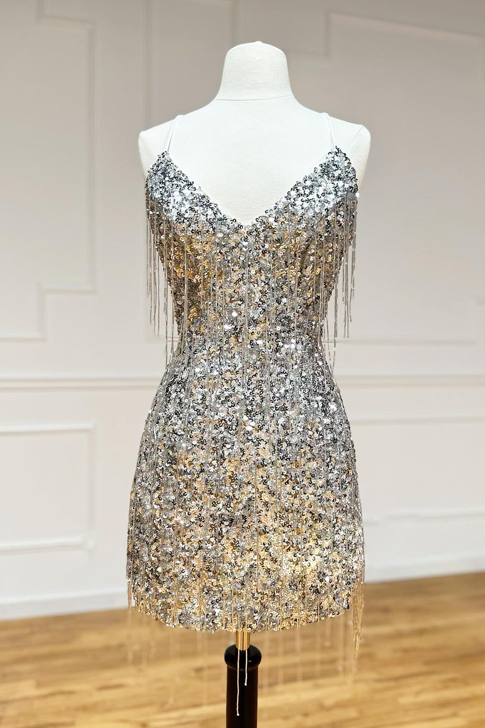 Sparkly Silver Sequin Fringed Tight Short Homecoming Dress-BMbridal