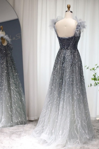 Bmbridal A-Line Tulle V-Neck Floor-Length Sleeveless Prom Dresses with Sequins