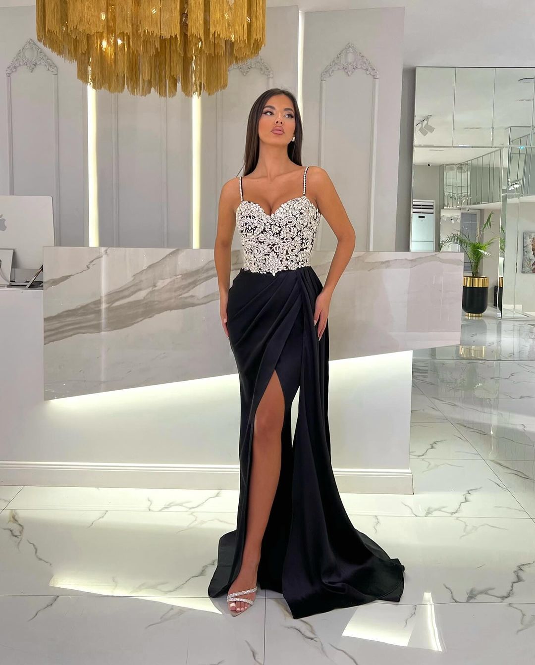 Prom Dress Baby Blue With High Slit Spaghetti Strap Sweetheart Appliques
