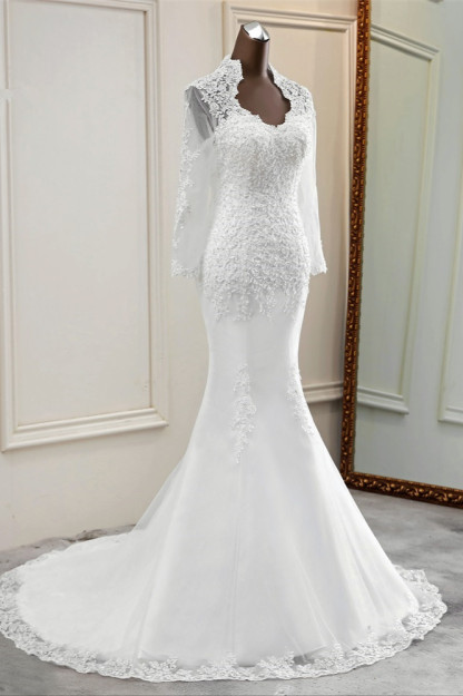 BMbridal Elegant Long Sleeves Lace Mermaid Wedding Dresses Appliques White Bridal Gowns with Beadings-BMbridal