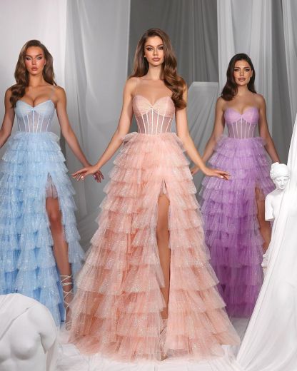 Gorgeous Sweetheart Tulle Layered Prom Dress Long With Split