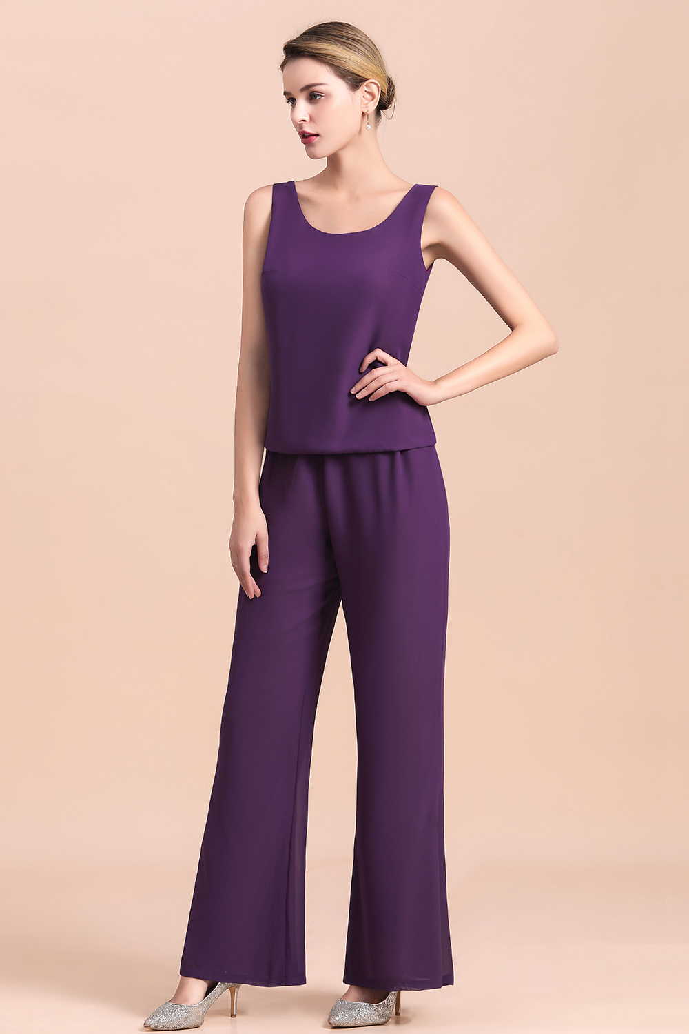 BMbridal Affordable Straps Beading Grape Chiffon Mother of Bride Jumpsuit Online with Wrap-BMbridal