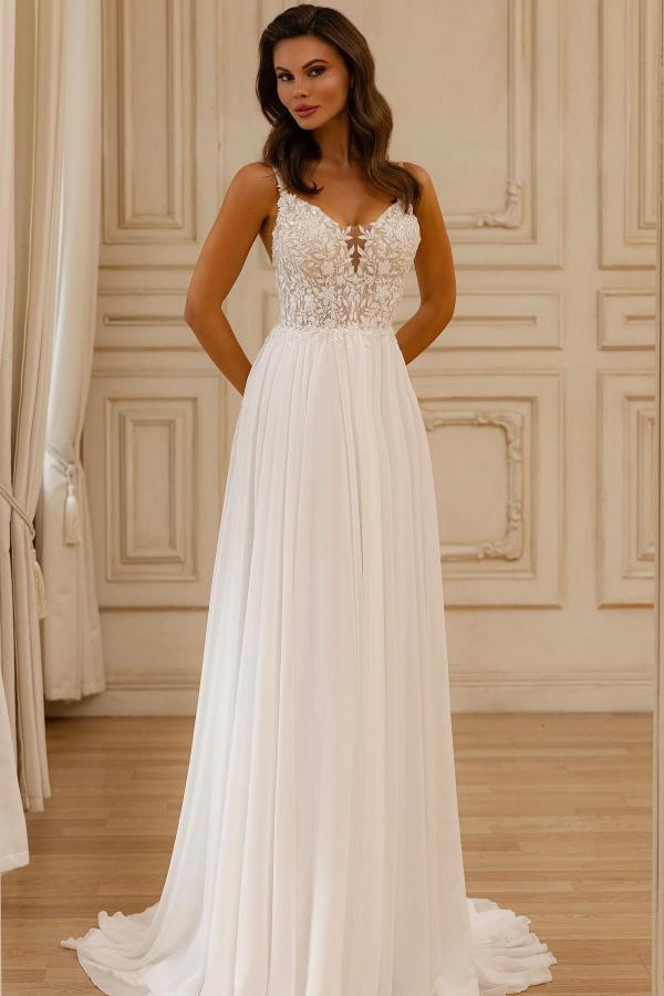 Elegant A-Line V-Neck Spaghetti Straps Lace Chiffon Wedding Dresses-BMbridal