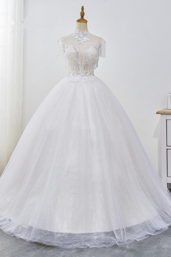 BMbridal Luxury Ball Gown High-Neck Tulle Wedding Dress Sparkly Sequins Sleeveless Appliques Bridal Gowns with Tassels-BMbridal