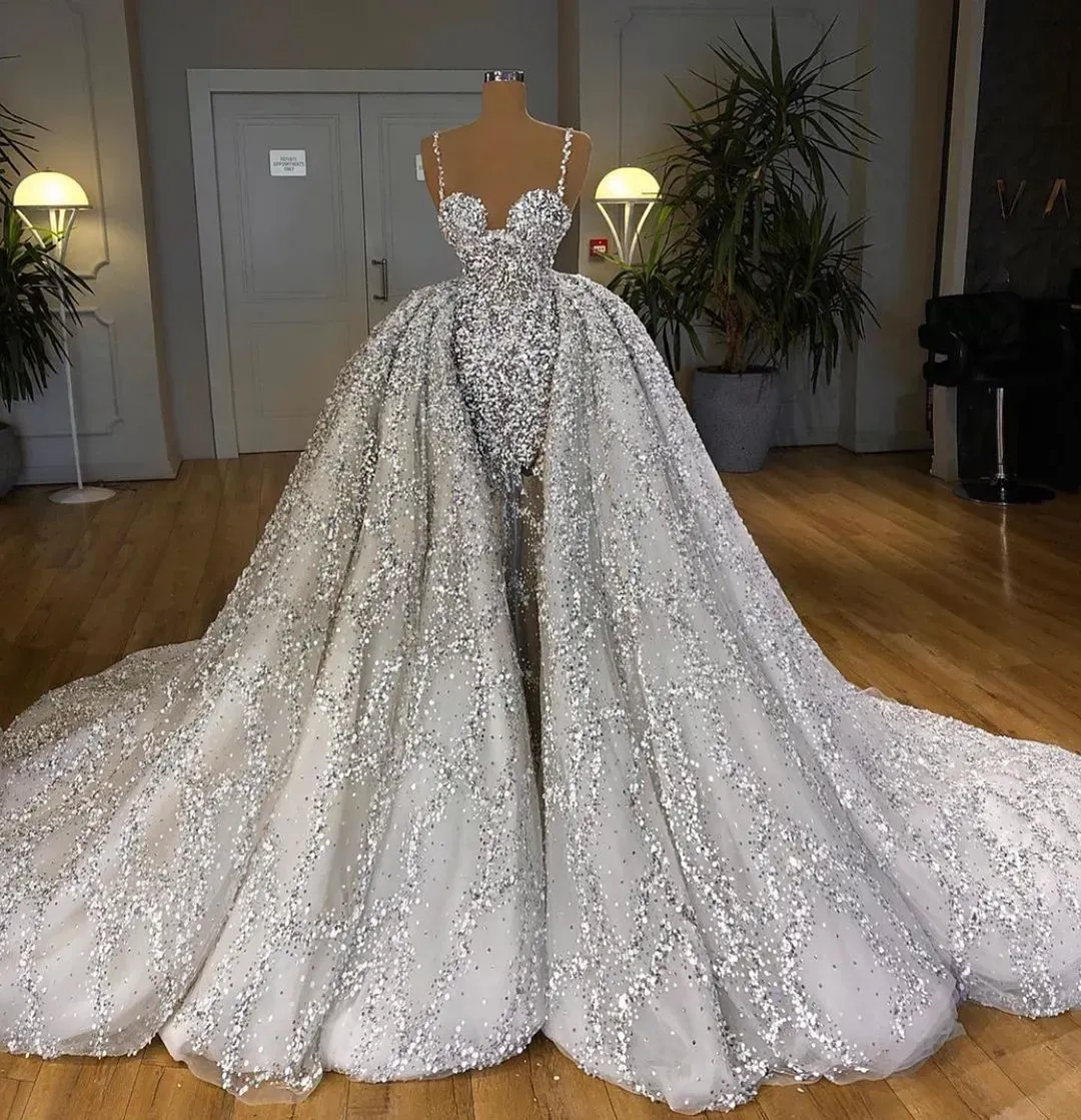 Gorgeous Sequins Mermaid Sweetheart Wedding Dress with Ruffles Train