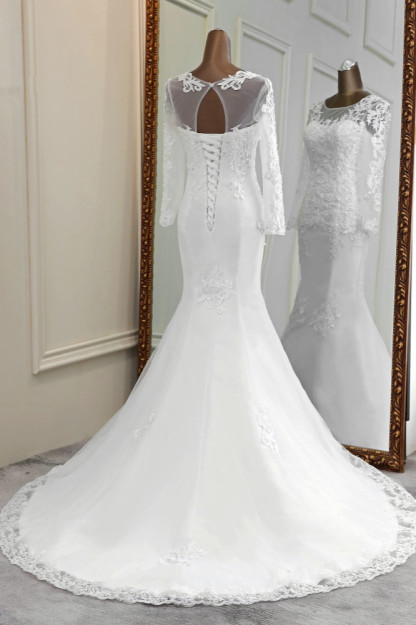 BMbridal Elegant Jewel Lace Mermaid White Wedding Dresses Long Sleeves Appliques Bridal Gowns