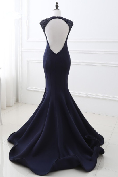 BMbridal Stylish V-Neck Mermaid Black Prom Dresses Sleeveless Beadings Open Back Party Dresses On Sale-BMbridal