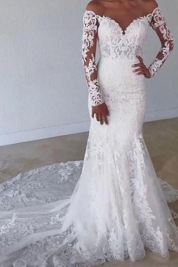 Gorgeous Sleeves Long Mermaid Sweetheart Wedding Dress with Lace
