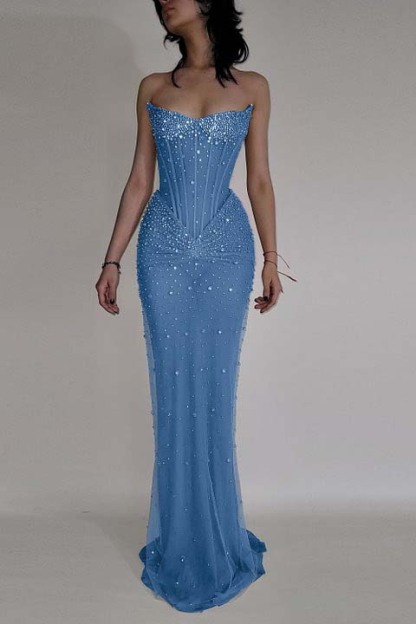 Strapless Sleeveless Mermaid Long Prom Dress With Beading Tulle